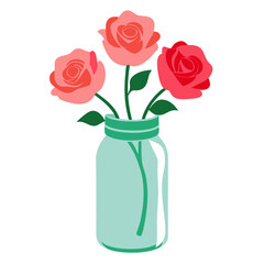 Three colorful roses in a light blue glass jar with green stems and leaves against a black background