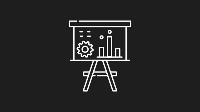 Project management white line animation. Project management icon board for displays with statistical charts for project oversight. Ideal for illustrating project planning and progress tracking.