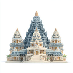 Fototapeta premium cute 3d cartoon miniature of Prambanan temple, simplified yet accurate structure, soft colors, clean isolated model, white background, stylized for educational visual asset