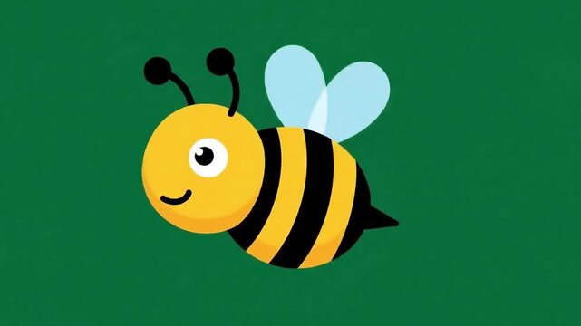 Cartoon illustration of a cute bee with black stripes, transparent wings, on a solid green background, in a simple cartoon style