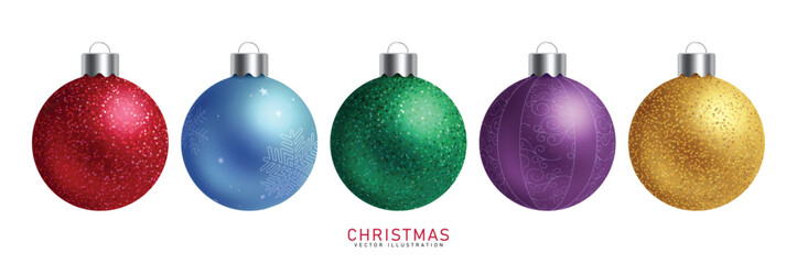 Christmas Balls multicolored clipart set. Colorful bauble ball clip art in glitter, printed, round and shiny for xmas and new year decoration elements collection in white background vector 