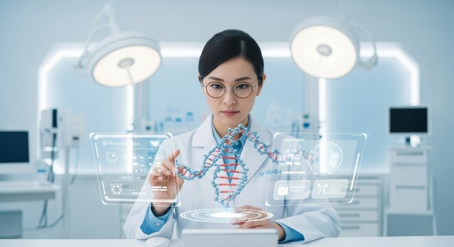 A young Asian woman in a lab coat interacts with a holographic display in a modern laboratory. She has long black hair and glasses, focused on her work.