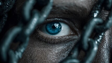  Close-up of intense blue eye framed by heavy metal chains, concept of captivity, struggle, and resilience, symbolic image of strength and determination against oppression