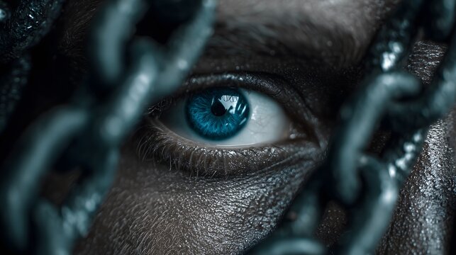  Close-up of intense blue eye framed by heavy metal chains, concept of captivity, struggle, and resilience, symbolic image of strength and determination against oppression