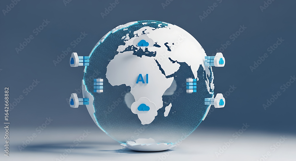 Leinwandbilder globe showing continents with ai text and cloud icons connected to data storage servers around it