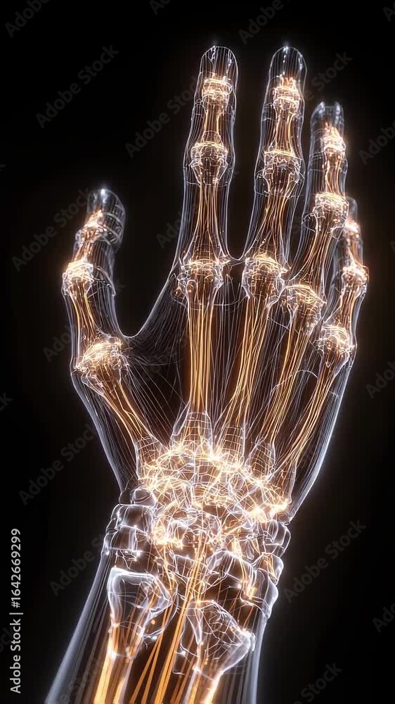 Poster dynamic glowing lines overlay on a skeletal hand model accentuating irritated tendon pathways charac
