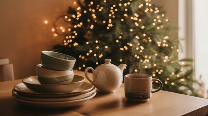 Fototapeta premium Cozy christmas morning table setting with warm lights