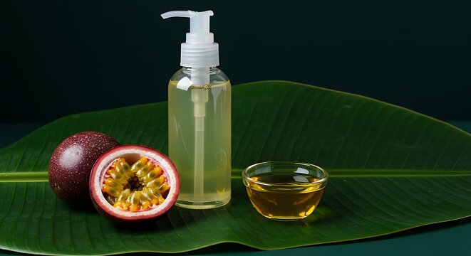 A still life featuring passion fruit, a pump bottle, and a small bowl of liquid, all on a large green leaf.