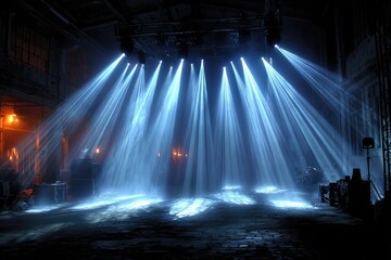 Stage lights illuminating an industrial space
