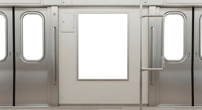 Interior View of a Modern Subway Car with Blank Advertising Space and Stainless Steel Doors, Perfect for Mockups or Urban Transportation Themes