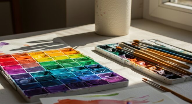 Colorful watercolor paint palettes and brushes