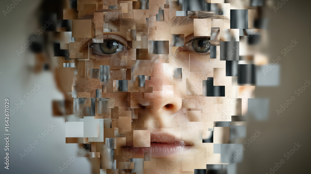 Poster abstract representation of fragmented identity and perception through a human face with pixels