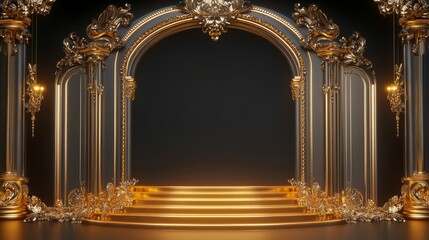 Naklejka premium 81.Elegant Golden Frame Podium, Ornate Gold Structure with Soft Lighting, Classic and Regal, Timeless Presentation