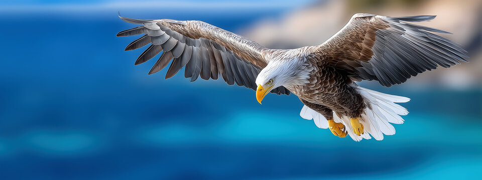 Majestic Eagle in Flight Over Crystal Clear Ocean Waters Against Scenic Natural Background