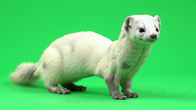 Winter White Ermine Weasel Against Bright Green Screen
