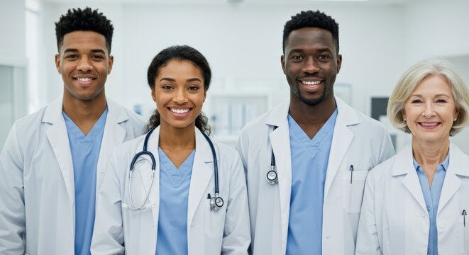 Smiling Medical Professionals in Uniforms Diverse Team Healthcare.