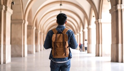 Student walking through arched hallway