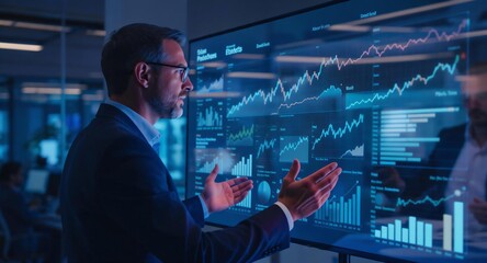 Fototapeta premium Business Professional Engaging with Financial Data on Digital Screen