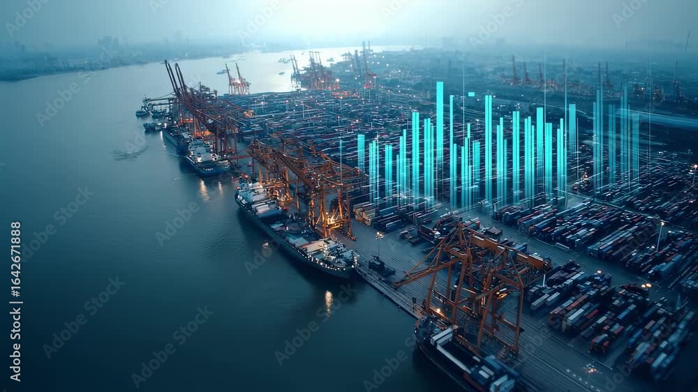 Poster an aerial view of a bustling port with cranes loading and unloading cargo containers showcasing the 