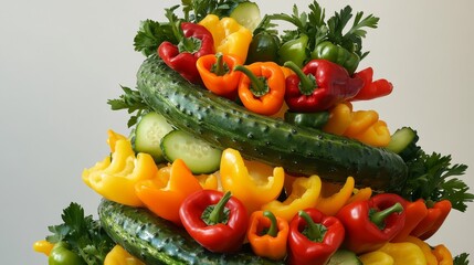 83.Vegetable Spiral Podium, Twisting Cucumbers and Bell Peppers Forming a Stand, Unique and Fresh, Whimsical Display
