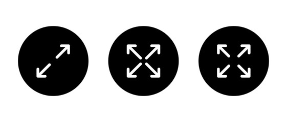 Expand and full screen icon set. Maximize display button symbol in black circle