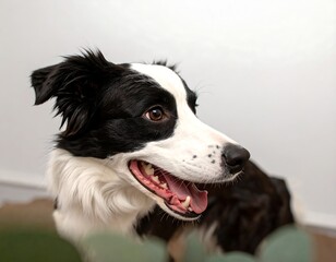 A playful black and white Border Collie, mouth open, head turned slightly to the right, against a blurred background