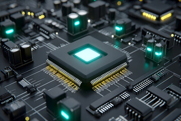 Fototapeta premium Digital Circuit Board: A macro perspective reveals a cutting-edge circuit board, intricate electronic components illuminate, underscoring its central processing unit, symbolizing innovation.