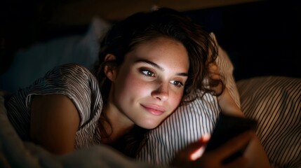 Young woman lying in bed at night using smartphone, illuminated by screen light, relaxed and happy expression, late-night browsing and social media scrolling concept in cozy home setting