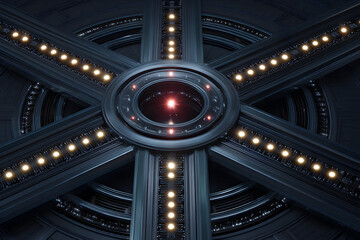 Fototapeta premium Geometric Innovation: An industrial space marvel, highlighting a central, illuminated core, embraced by intricate mechanical elements and precise symmetric arrangements.