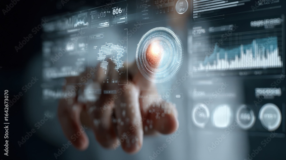 Poster futuristic hand interacting with digital interface data visualization.