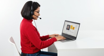 Woman in Red Sweater Using Laptop with Headset.