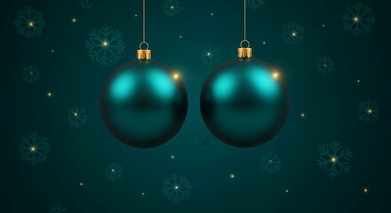 Two teal christmas ornaments hanging on a dark teal background with snowflakes