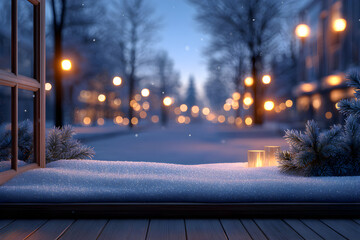 Obraz premium Snowy winter landscape seen from window: View from a window to winter landscape at a calm snowy evening, decorated by the warm lights that invite people to come.