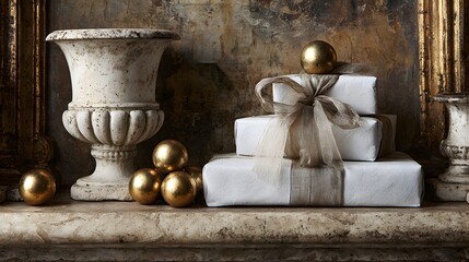 Stacked white presents with gold accents and a decorative urn.