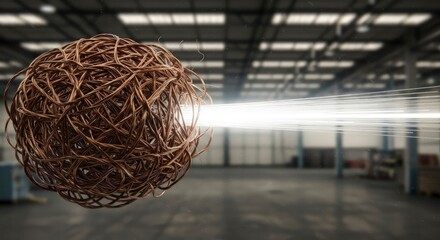 Copper Wire Sphere Emitting Light Beam in Industrial Environment