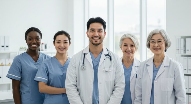 Diverse Medical Team Smiling in Bright Hospital Setting.
