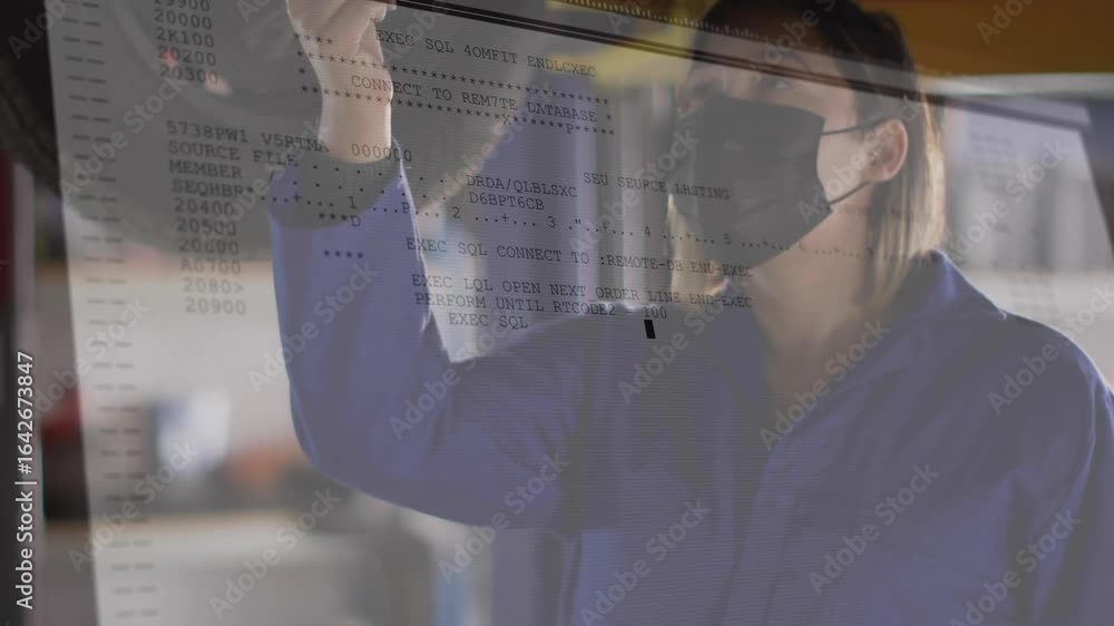 Poster woman raising finger and accessing sql overlay while checking database commands in vehicle workshop