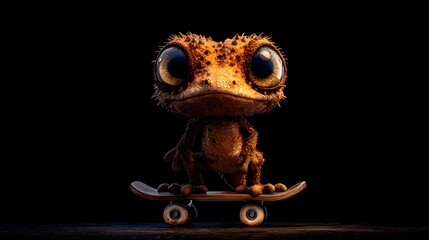 Cute gecko character rides a skateboard.
