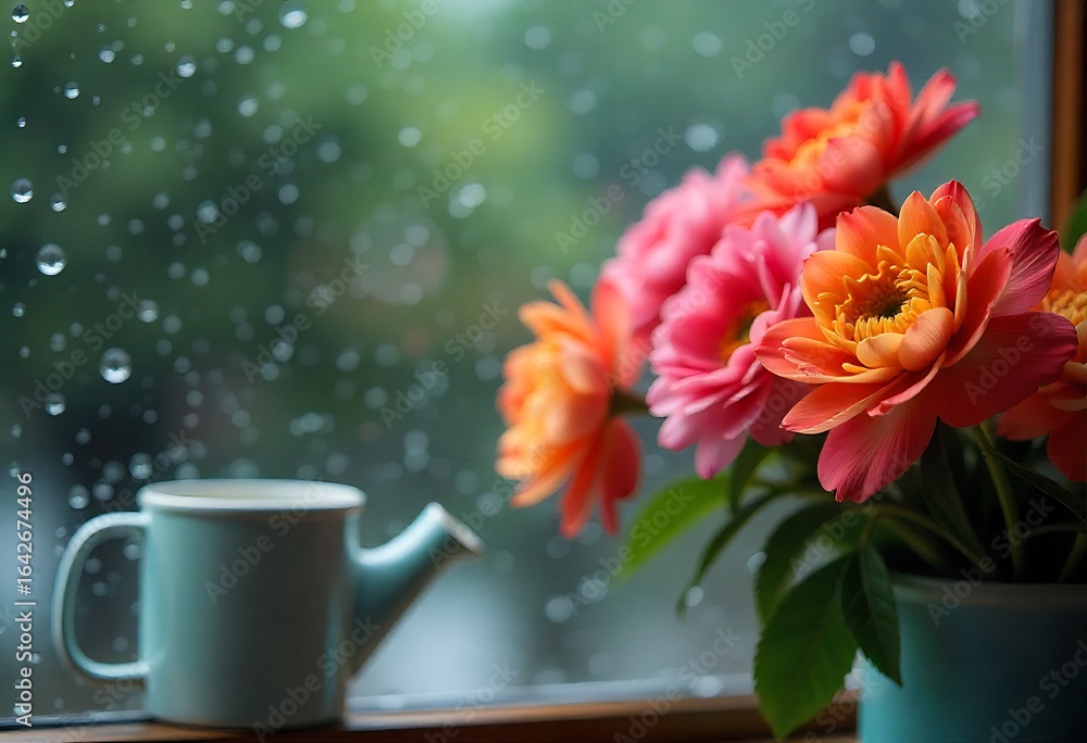 Poster generative ai a rainy window scene featuring vibrant flowers and a watering can with soft light
