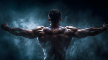  Muscular man flexing back and arms in dramatic lighting with smoke effect, strong male bodybuilder showing ripped muscles and broad shoulders, fitness strength training and bodybuilding concept