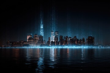 Obraz premium Futuristic night cityscape reflecting on water