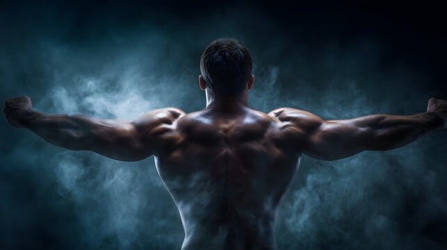  Muscular man flexing back and arms in dramatic lighting with smoke effect, strong male bodybuilder showing ripped muscles and broad shoulders, fitness strength training and bodybuilding concept
