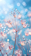 Obraz premium Delicate translucent flower petals adorned with sparkling water droplets against a soft blue and pink bokeh background creating a magical and ethereal atmosphere