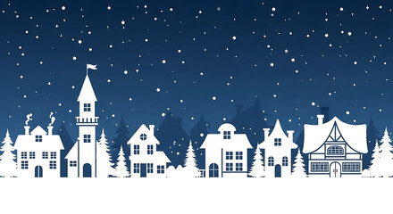 Winter village scene with snow and houses in silhouette at night