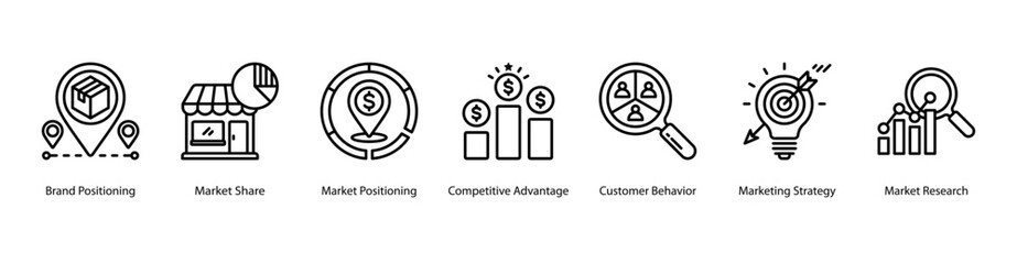 Brand and Market Positioning web banner icon vector illustration featuring Brand Positioning, Market Share, Competitive Advantage, Customer Behavior, Marketing Strategy, and Market Research.