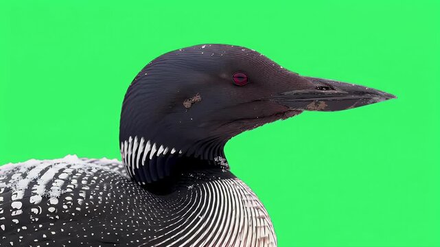 Common Loon Portrait with Snowy Feathers on Green Screen. Isolated Wild Bird Close-up for Compositing.
