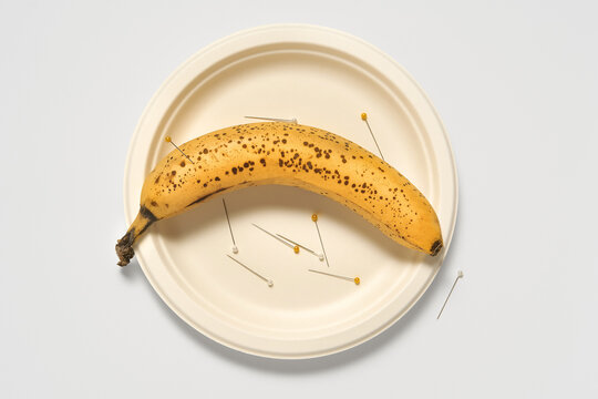 Yellow Spotted Banana on a Circular Plate With Colorful Pins. 