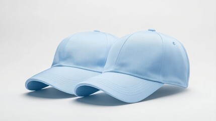 Fototapeta premium Front view of light blue baseball caps mockup on white background, with space for your logo or design. Mock-up for branding