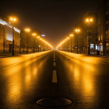 A long, empty street at night, illuminated by golden streetlights, reflecting on wet pavement.