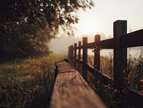 Rustic wooden bench by a misty sunrise fence - Powered by Adobe